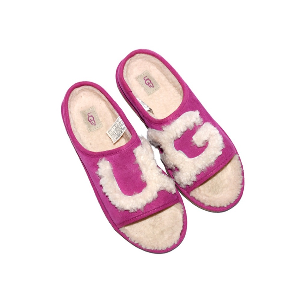 UGG Logo Shearling Sherpa Slide Slippers Magenta